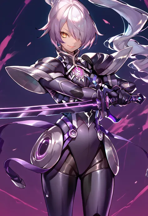 anime girl with sword and armor in front of a purple background