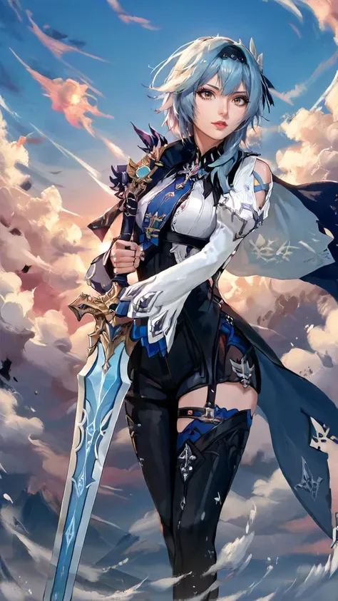 a woman with blue hair and a sword in the sky