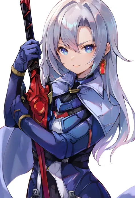 a close up of a person holding a sword and wearing a blue outfit