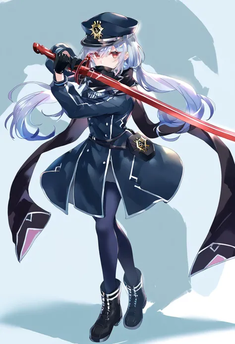 (score_9:0.9),score_8_up,score_7_up,anime style,rating_safe,(zPDXL),<lora:Sky Striker Ace - Roze ponyXL v1:0.73>,sky striker ace - Roze,black ordinary uniform,1girl,weapon,solo,hat,black scarf,holding weapon,holding,full body,black gloves,looking at viewer...