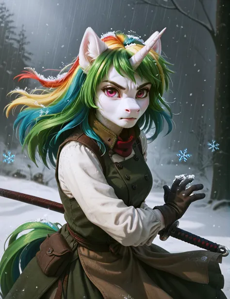 anime girl with colorful hair and horns holding a stick in the snow