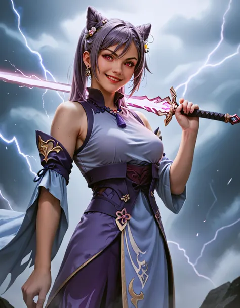 a close up of a woman holding a sword in a storm