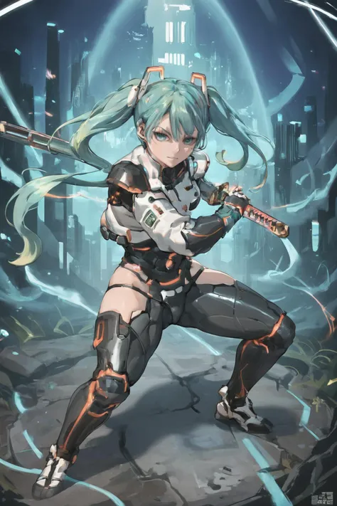 score_9, score_8_up, score_7_up, score_6_up, score_5_up, score_4_up,
An anime-style, sci-fi scene featuring Hatsune Miku in a dynamic samurai pose. She crouches low, ready to draw her katana with intense focus. Her outfit blends traditional samurai armor w...