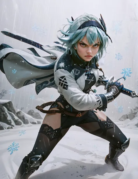 a close up of a person with a sword in a snowy area