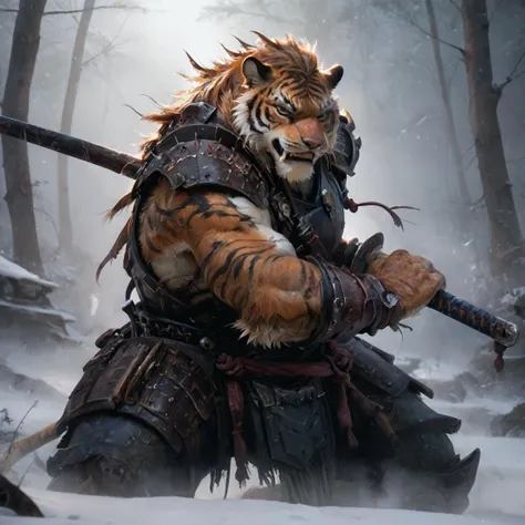 a close up of a tiger with a sword in a snowy forest