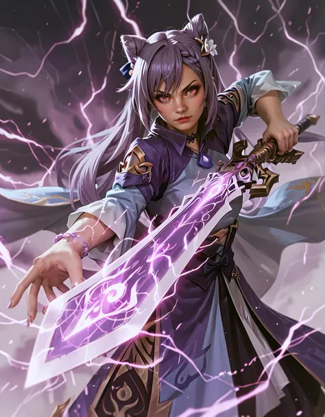 a close up of a woman holding a sword with lightning in the background