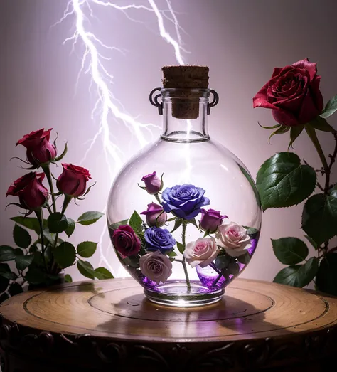 flowers roses, a glass bottle with a purple liquid inside of it, painting of one health potion, world of warcraft spell icon, fantasy game spell icon, lightning mage spell icon, magic spell icon, league of legends inventory item, potion, fantasy game spell...