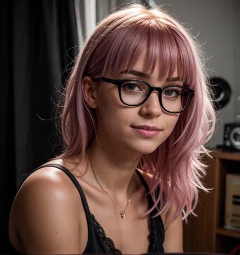 (Realistic),masterpiece,best quality,cinematic lighting,natural shadow,looking at viewer,Worms Eye View,edgCorset,1girl,photo of a cute girl,full body,light smile,charming,20yo,glasses,Side-swept bangs Hair.Hair between eyes,Hot pink hair,Lace-up,Inlay,Raw...