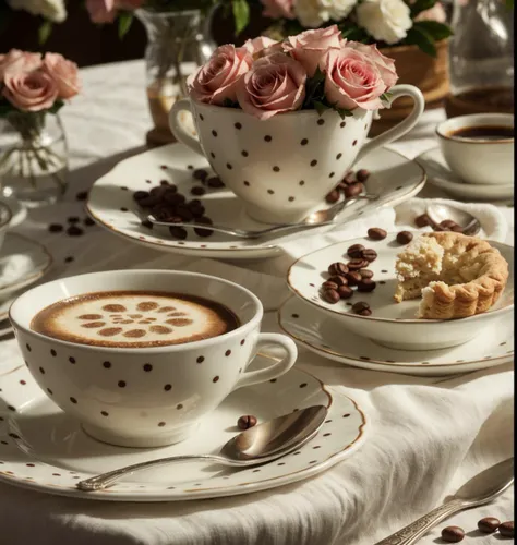 cinematic film still Coffee in a lovely gourmet cup, Good morning, floral print, daytime lighting, Flowers, Chic, sugar, Coffee beans, Print Flowers, dessert, lace, crystals, Golden Lines, Professional, Realistic, Top Quality, masterpiece, polka dot tablec...