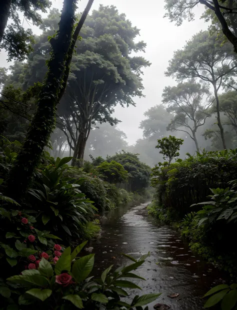 A jungle, with intense rainfall, monochromatic, vines all around, giant and wet trees, masterpiece, best quality, high quality, extremely detailed CG unity 8k wallpaper, oil paiting, award winning photography, Bokeh, Depth of Field, HDR, bloom, flowers ros...