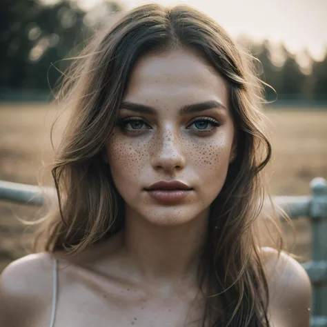 Stunning analogue photo of a beautiful woman years old Dutch woman, Circular Face, [random eye], [eye color grey], Nose with an Ample Base Shape, full lips, flat cheeks, cleft chin, full body portrait, perfect face, absolute beauty, natural raven dirty blo...