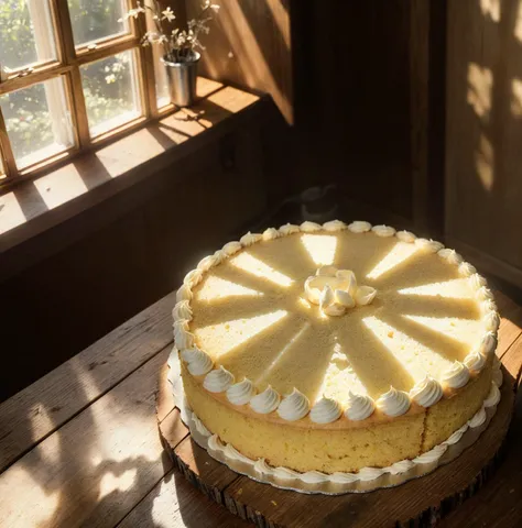 cinematic film still ((Cinematic Lights, Superior Quality, 8k, Masterpiece: 1.3)),kitchen, afternoon light enters through the window behind, camera seeing cornmeal cake half from above on the rustic wooden table, light coming from behind . shallow depth of...