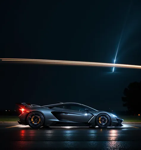 armored heavy hypercar, light trail, night, rain, reflections