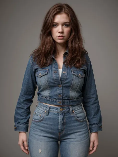 a woman in a denim jacket and jeans poses for a picture