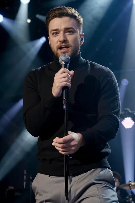 justintimeberlake wearing turtleneck, [blue eyes], beard, stubble, 
upper body, on stage with stage lights, singing, 
 <lora:Justin_Timberlake_V1:0.6>