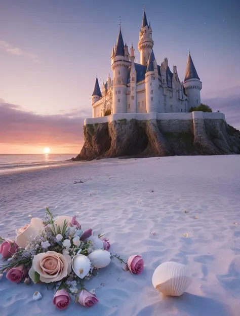 castle, flowers, delicate scene, sky,white clouds,and sunlight shine on the snow-white beach. flowers roses and shiny large shells, diamond crystal, on the beach, fantasy, sky night , moon, smoke , fire, photo, HD, 8K ,