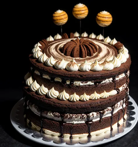 Alien-themed Cake, tiramisu , cream, intricate detail ,dark background , HD. Photography . Extraterrestrial, cosmic, otherworldly, mysterious, sci-fi, highly detailed