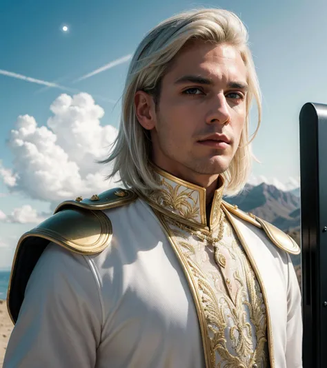 ((masterpiece, best quality)), very handsome man in the center, wearing a large and gleaming white armor, white hair and golden eyes, looking at the viewer, distant expression, luminous clouds in the background,