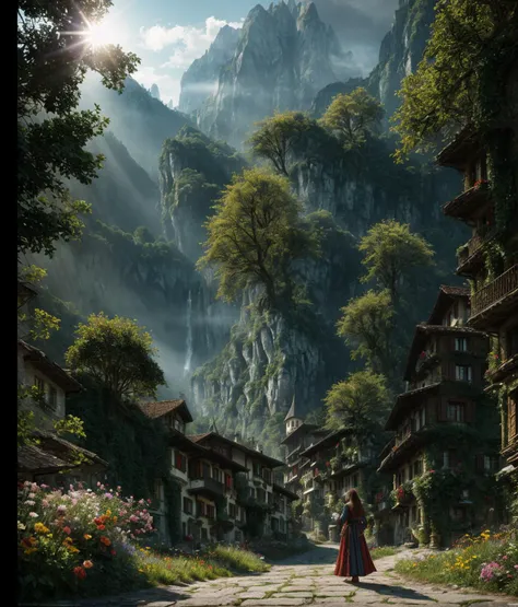 cinematic film still (low contrast ), color fantasy style sharp details, a medieval village in switzerland, mess jungle in background, ornate, beautiful, atmosphere, vibe, flowers, concept art illustration, greg Bukowski, volumetric lighting, sunbeams, par...