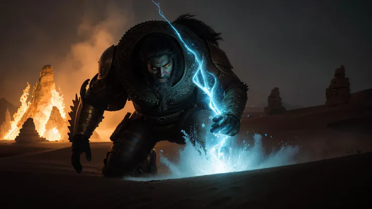 a man in armor is running through the desert with lightning