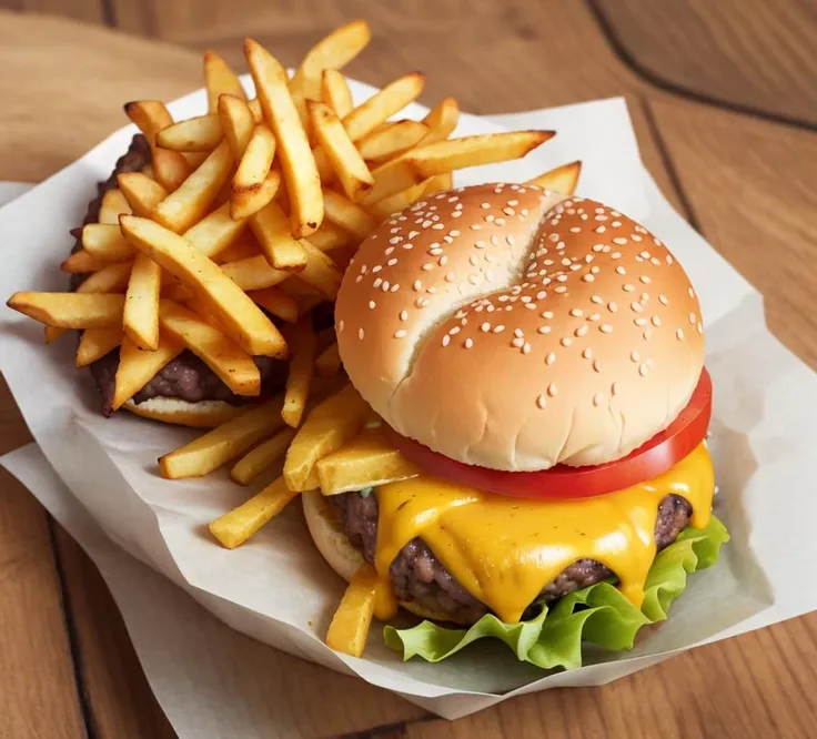 a close up of a hamburger and fries on a plate