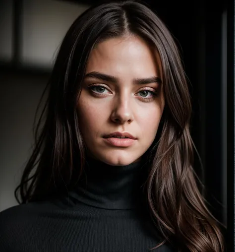 a close up of a woman with long hair wearing a black turtle neck