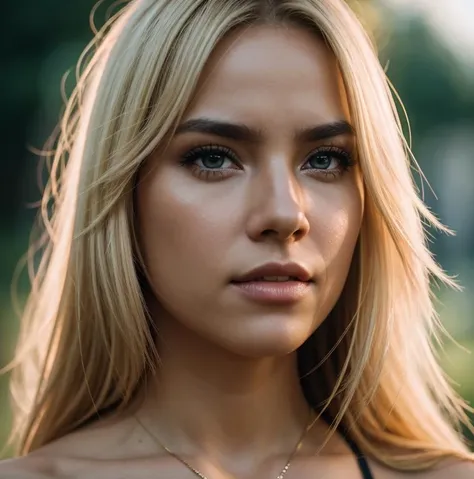 a close up of a woman with a necklace on her neck