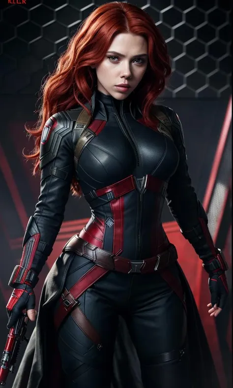 a woman in a black widow outfit holding a gun