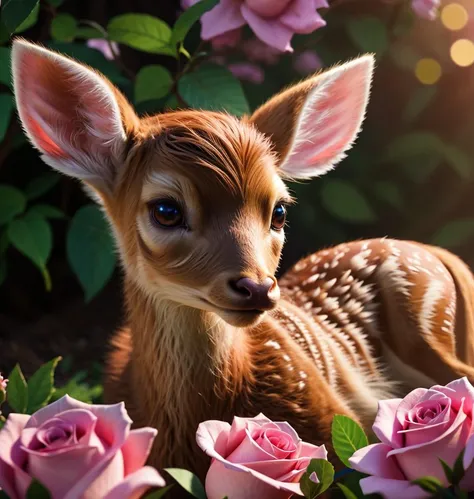 there is a deer that is laying down in the flowers