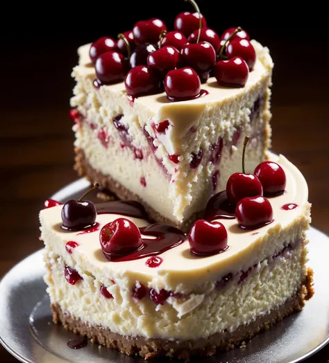 there is a piece of cake with cherries on top of it