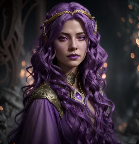 a woman with purple hair and a crown on her head