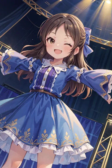 masterpiece,best quality,1girl,solo,tachibana arisu,brown eyes,brown hair,half updo,frilled dress,(long dress),idol,idolmaster,long sleeves,hair bow,wide sleeves,light smile,one eye closed,spread arms,outstretched arms,on stage,stage lights,cowboy shot,dut...