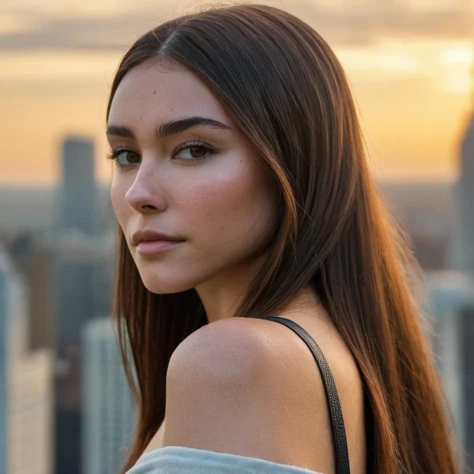 (((Skin Texture, pores, natural,iPhone,RAW, skin blemishes))), natural lighting, Highest Quality ((closeup)) Portrait photo of a woman with shoulder-length straight hair, Nikon Z9, realistic matte skin,  blurry city in the background, 8K, perfect eyes,( sy...