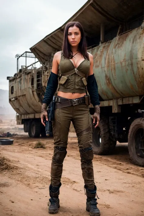 A full color portrait of a beautiful woman wearina a Post-apocalyptic gear, The Book of Eli movie set,full body,epic character composition,by ilya kuvshinov, alessio albi, nina masic,sharp focus, subsurface scattering, f2, 35mm, film grain , latina <lora: ...