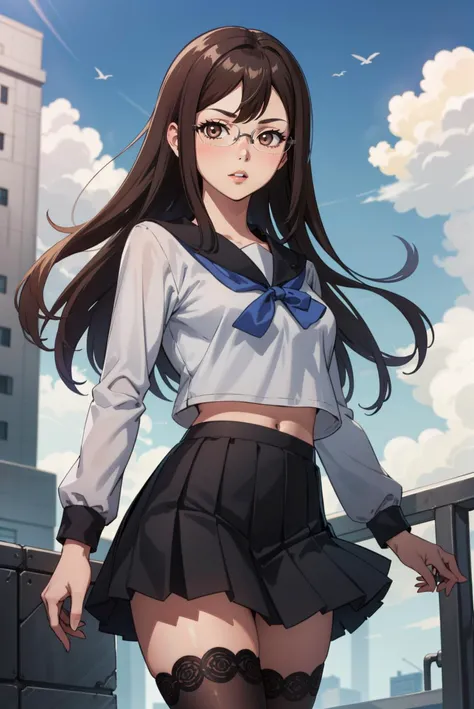 best quality, 1girl, cowboy shot, looking at viewer, parted lips, school, <lora:yakushiji:1> yakushiji, glasses, brown eyes, serafuku, pleated skirt, zettai ryouiki, sky, cloud