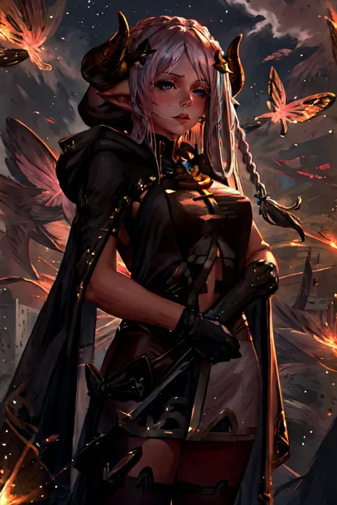 a woman in a black outfit holding a sword and a bird