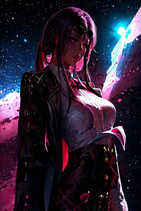 anime girl with long hair and a leather jacket standing in front of a planet