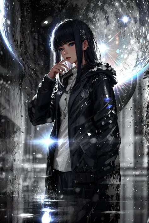 masterpiece, best quality, 1girl, <lora:FP2:0.5>,jacket,snow,water,light particles,  <lora:DW:0.8>,moon