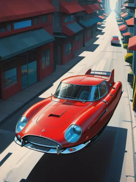 a painting of a red car driving down a street next to a tall building