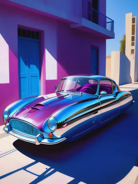 a painting of a classic car parked in front of a pink building