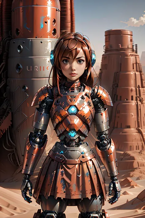 <lora:MetalRustyWorld:1> MetalRustyWorld 1woman (armour and skirt:1.2) in a metal desert (Upper body:1.3)   (fighting robot:1.4)