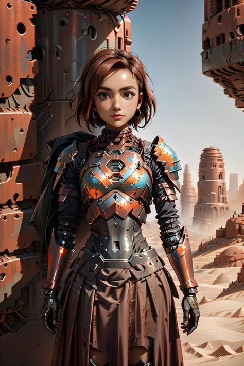 <lora:MetalRustyWorld:1> MetalRustyWorld 1woman (armour and skirt:1.2) in a metal desert (Upper body:1.3) (moto:1.3)