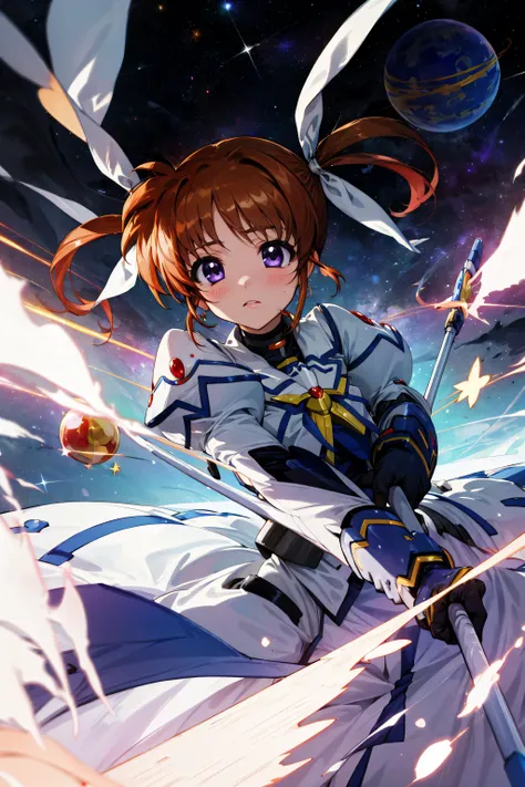 (masterpiece), (best quality), highres, ultra detailed, professional lighting, perfect anatomy, 1girl, takamachi nanoha, mahou shoujo lyrical nanoha, 1 staff,  twintails, raising heart, purple eyes, brown hair, magical girl, gloves,  ribbon,  detailed back...