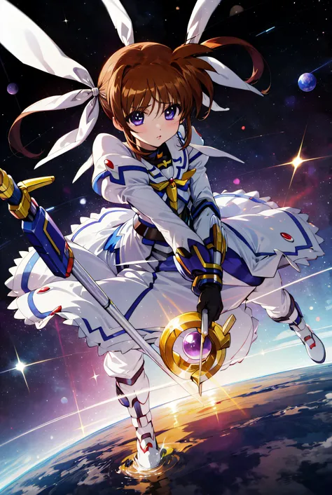 (masterpiece), (best quality), highres, ultra detailed, professional lighting, perfect anatomy, 1girl, takamachi nanoha, mahou shoujo lyrical nanoha, 1 staff,  twintails, raising heart, purple eyes, brown hair, magical girl, gloves,  ribbon,  detailed back...