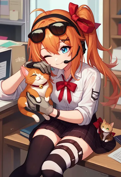 anime girl with glasses holding a cat in her lap