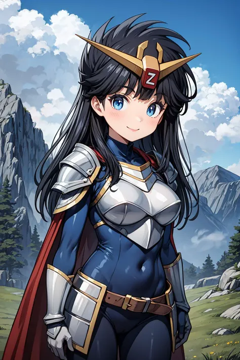 masterpiece,best quality,1girl,z-chan,blue eyes,black hair,long hair,(hair ornament,v-fin),(blue bodysuit),armor,gold trim,breastplate,armored dress,(red cape),belt,gloves,gauntlets,shoulder armor,full armor,knight,pauldrons,smile,outdoors,mountain,castle,...