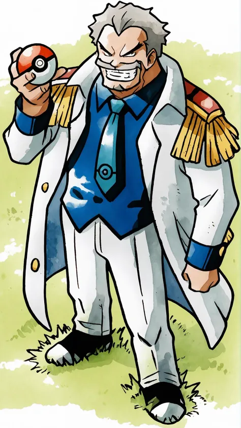 a cartoon of a man in a white coat holding a pokemon ball