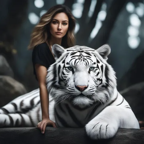 a woman sitting on a log with a white tiger