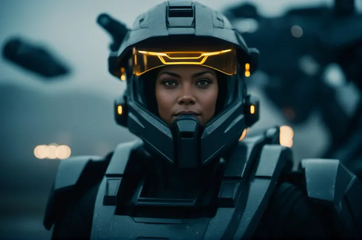 cinematic film still portrait of a solo female mech pilot standing in front of her (large combat mech:1.3), scifi armor, military base, heavy rain, full scifi helmet, visor, detailed eyes, dry skin, skin fuzz, visible skin hair, skin blemishes
,, shallow d...