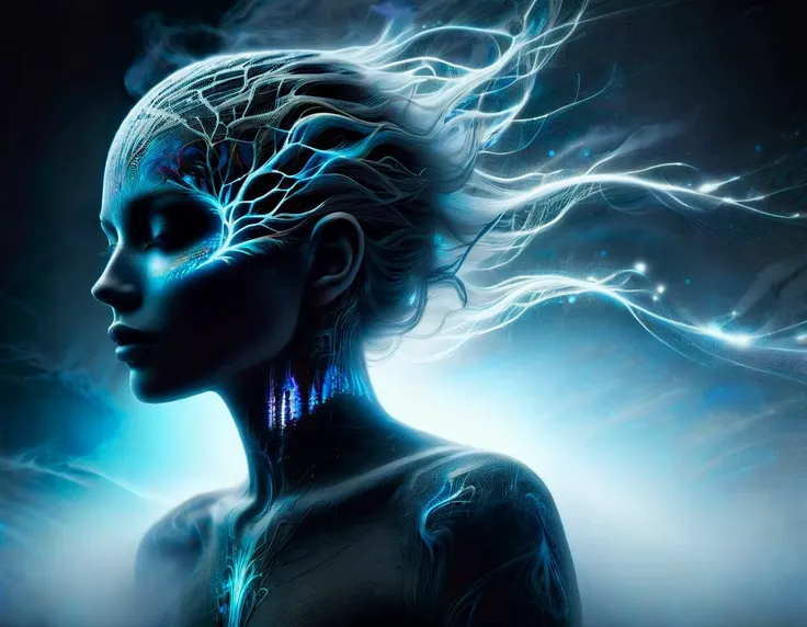 a woman with a blue face and a blue body with a lightning effect